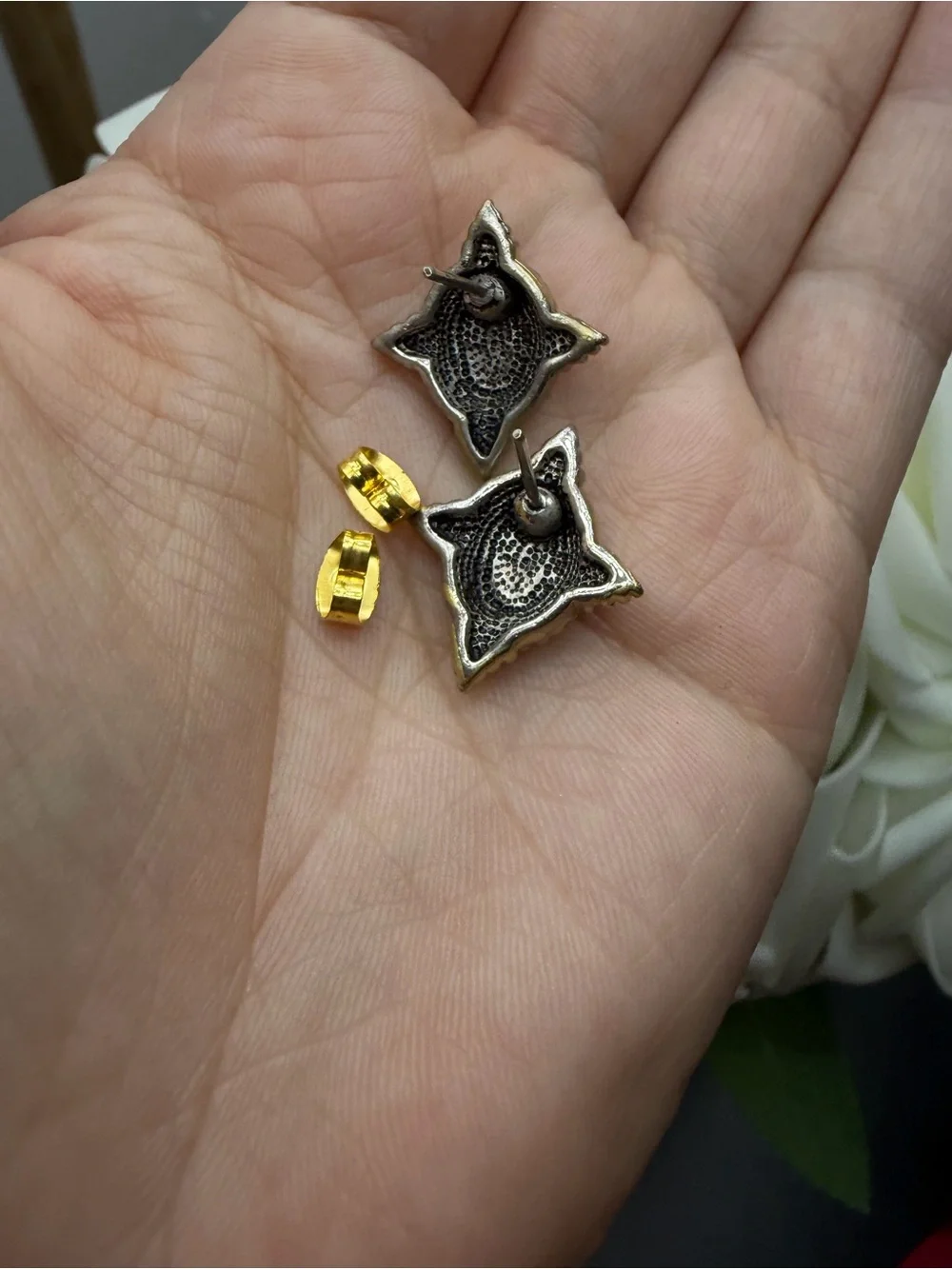 Gold-Tone Beaded Square Earrings with Black Cabochon